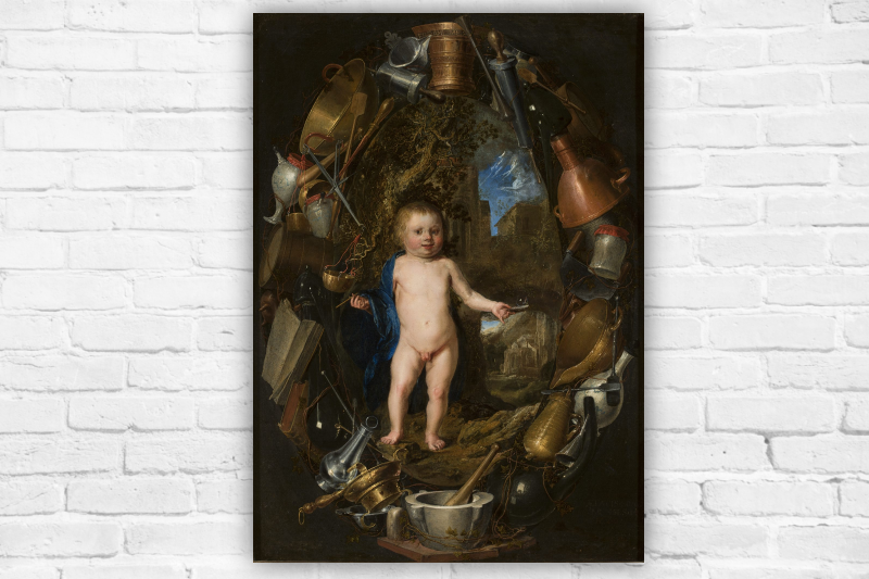 Nieznany malarz holenderski; Vanitas - Nagi chłopiec z bańką mydlaną, otoczony wieńcem z naczyń i przyborów aptekarskich; 1660; olej; płótno; Copyright by Wilczyński Krzysztof, MNW