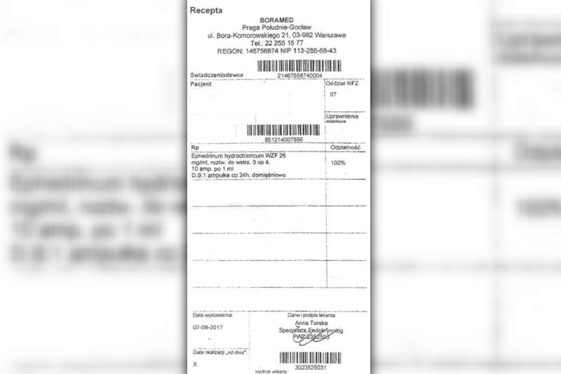 Fałszywa recepta na na produkt leczniczy Ephedrinum hydrochloricum.