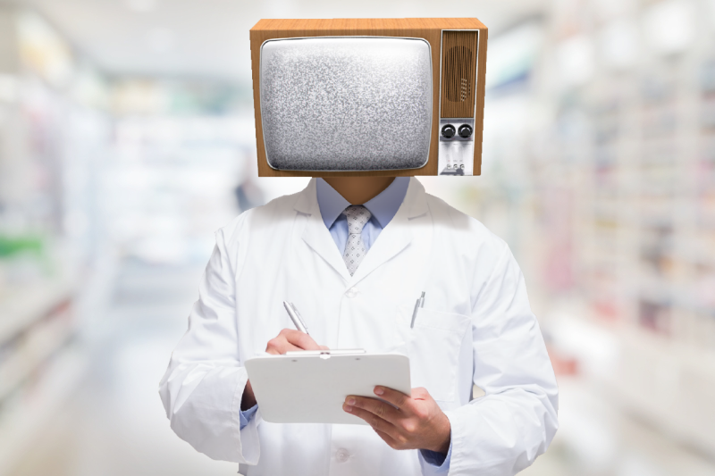 Farmaceuta z telewizorem zamiast głowy.