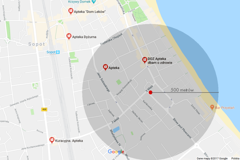 W promieniu 500 metrów od lokalu proponowanego przez miasto, są już dwie apteki. To duży problem. (fot. Mapy Google)