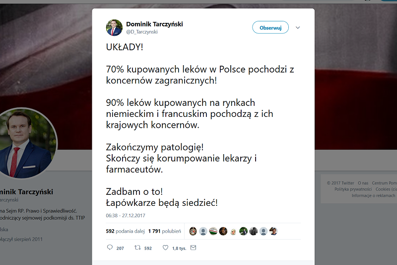 Zdaniem eksperta Polski przemysł farmaceutyczny może produkować tylko i wyłącznie leki odtwórcze. (fot. Twitter)