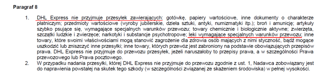 Fragment regulaminu usług firmy DHL Parcel Polska. Fragment regulaminu usług firmy DHL Parcel Polska.