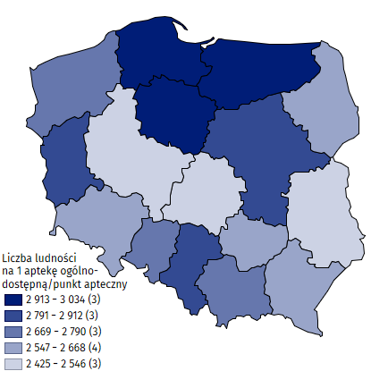 Apteki ogólnodostępne i punkty apteczne według województw w 2018 r. (fot. GUS) Apteki ogólnodostępne i punkty apteczne według województw w 2018 r. (fot. GUS)