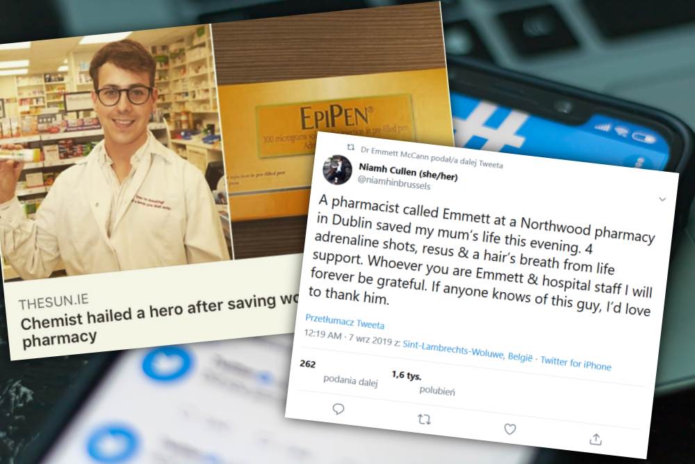 O wyczynie farmaceuty lokalne media dowiedziały się z Twittera. Sprawę opisali m.in. dziennikarze irlandzkiego wydania The Sun (fot. Shutterstock/Twitter)
