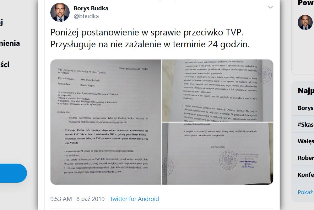 Wyrok nie jest prawomocny. TVP ma 24 godziny na odwołanie się od niego (fot. Twitter)