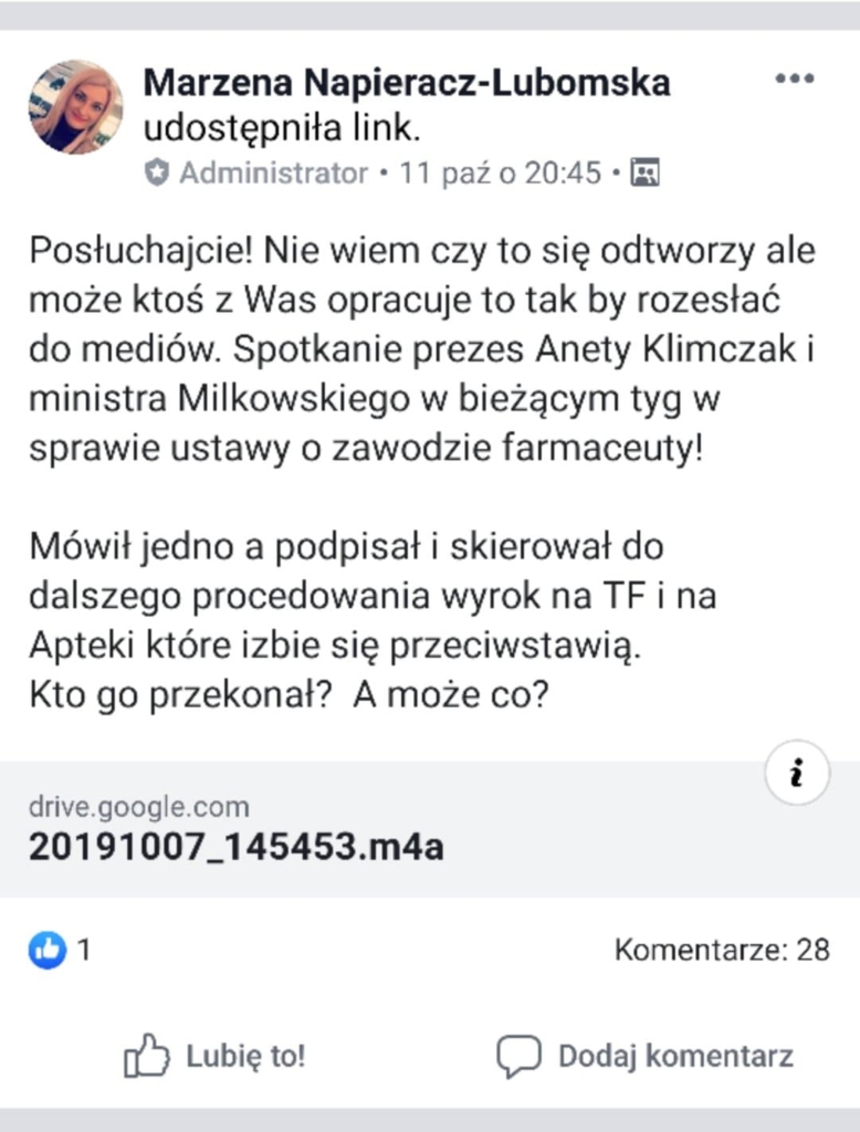 Screen z grupy techników farmaceutycznych na Facebooku Screen z grupy techników farmaceutycznych na Facebooku