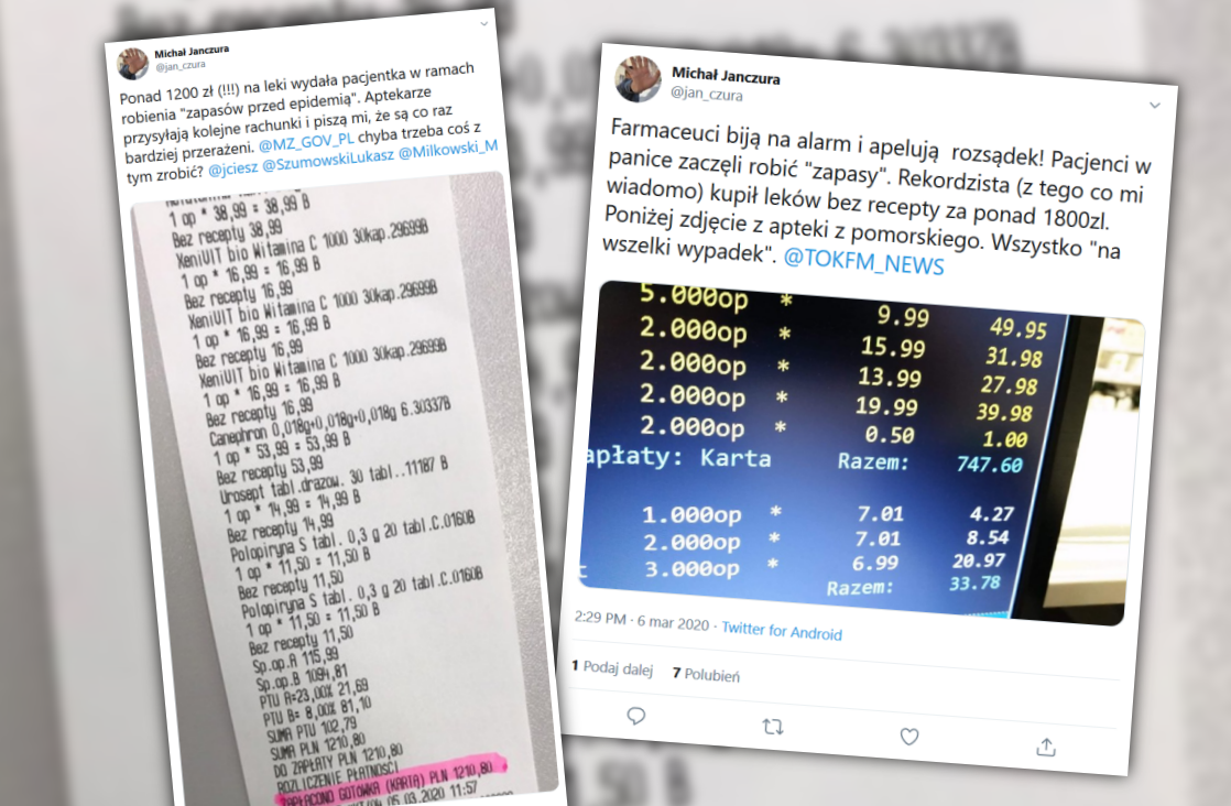 Aptekarze przesyłają zdjęcia paragonów, pokazujących, jakie kwoty ludzie wydają kupujące leki "na zapas" (fot. Twitter)