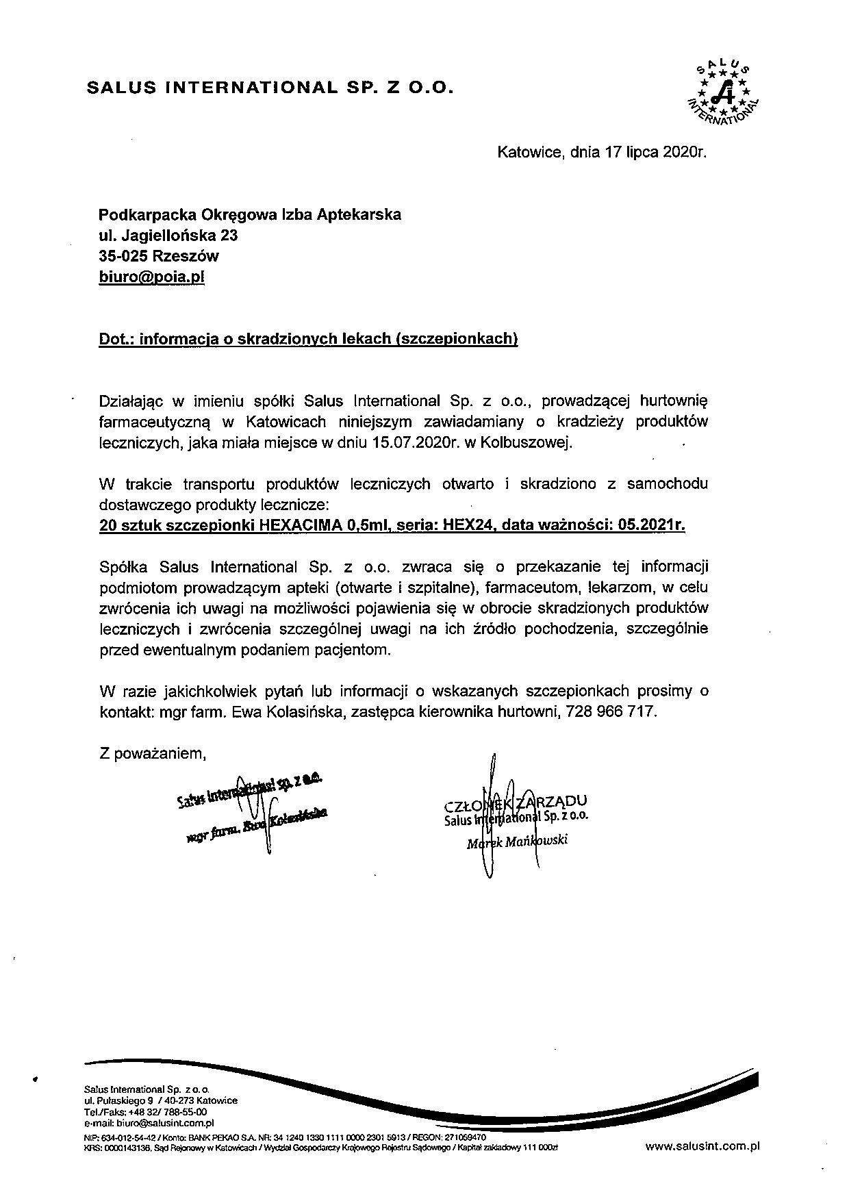 Informacja firmy Salus