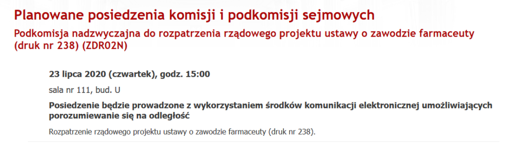 Informacja o posiedzeniu podkomisji nadzwyczajnej do rozpatrzenia rządowego projektu ustawy o zawodzie farmaceuty