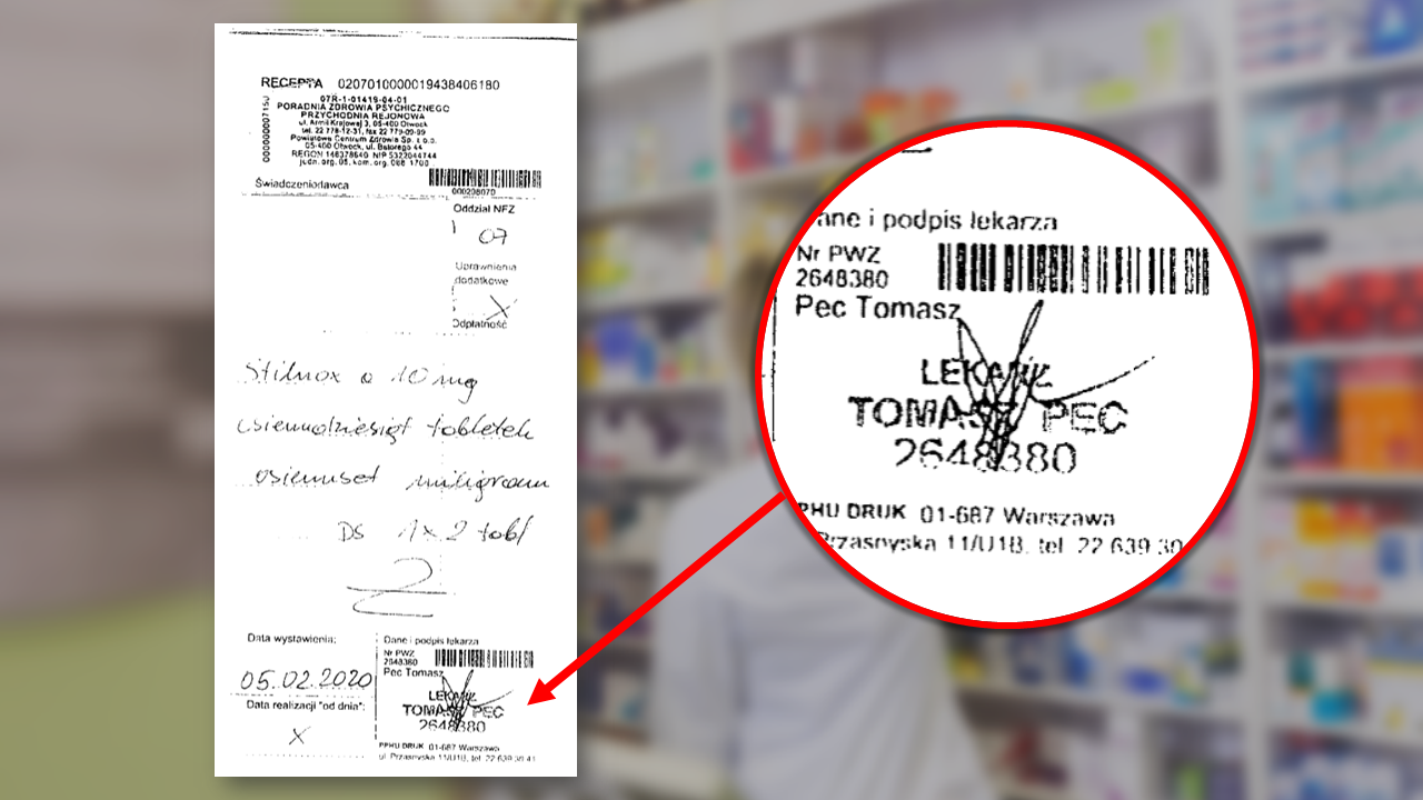 Sfałszowana recepta posiada numer prawa wykonywania zawodu lekarza: PWZ 2648380, stempel i podpis lekarza Tomasza Pec (fot. Shutterstock)