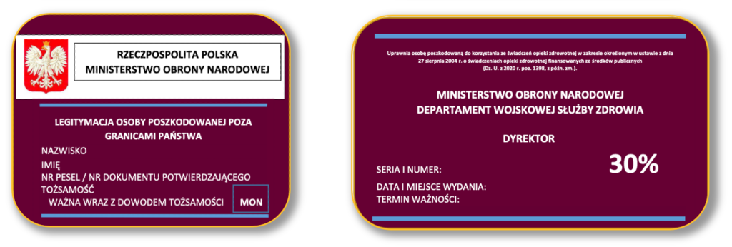 Legitymacja uprawnionego żołnierza lub pracownika oraz weterana poszkodowanego, których ustalony procentowy uszczerbek na zdrowiu wynosi co najmniej 30%.