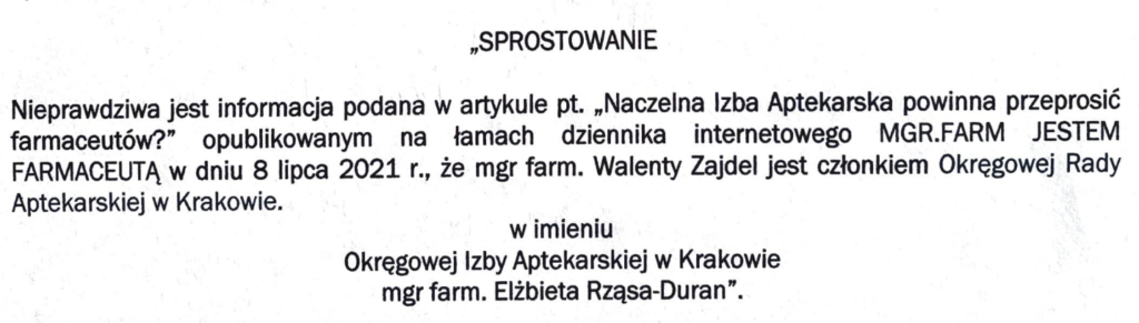 Treść sprostowania na żądanie Okręgowej Izby Aptekarskiej w Krakowie