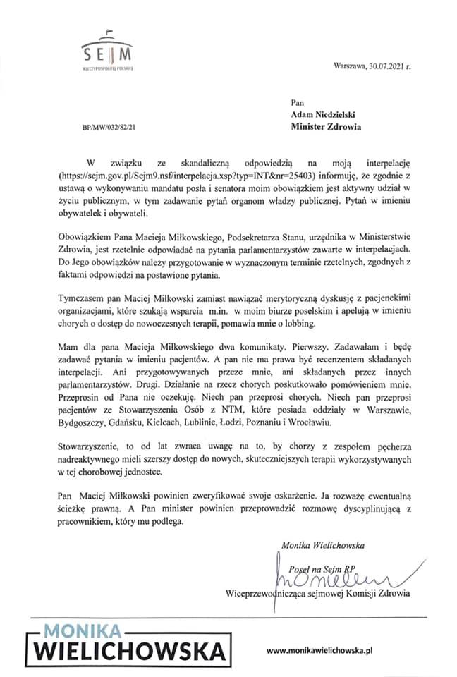 List posłanki do Ministra Zdrowia, opublikowany na Facebooku.