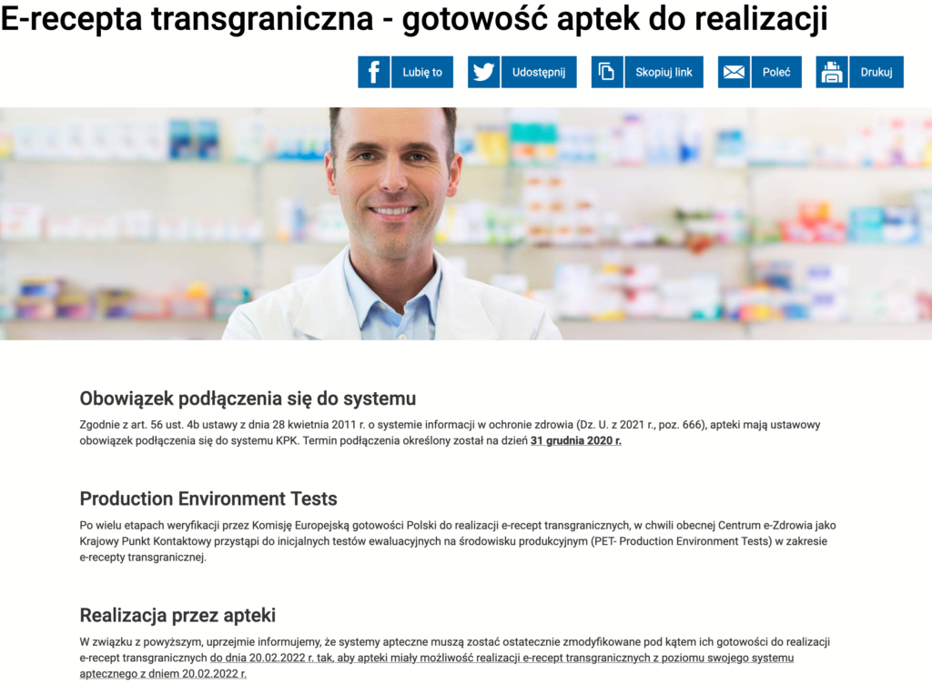 Informacja na stronie Cez o terminie możliwości realizacji e-recept w aptekach