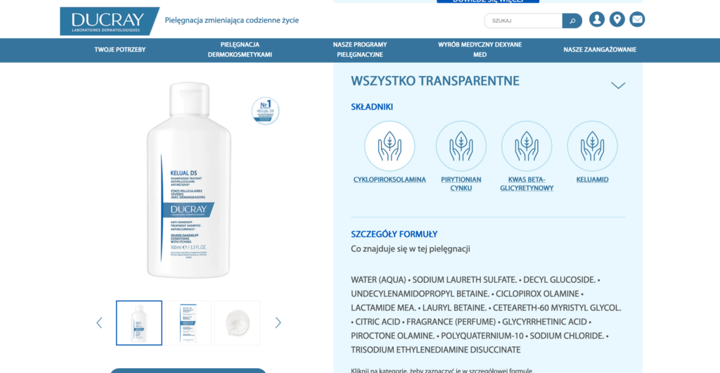Strona marki Ducray z informacją o zawartości pirytionianu cynku w szamponie