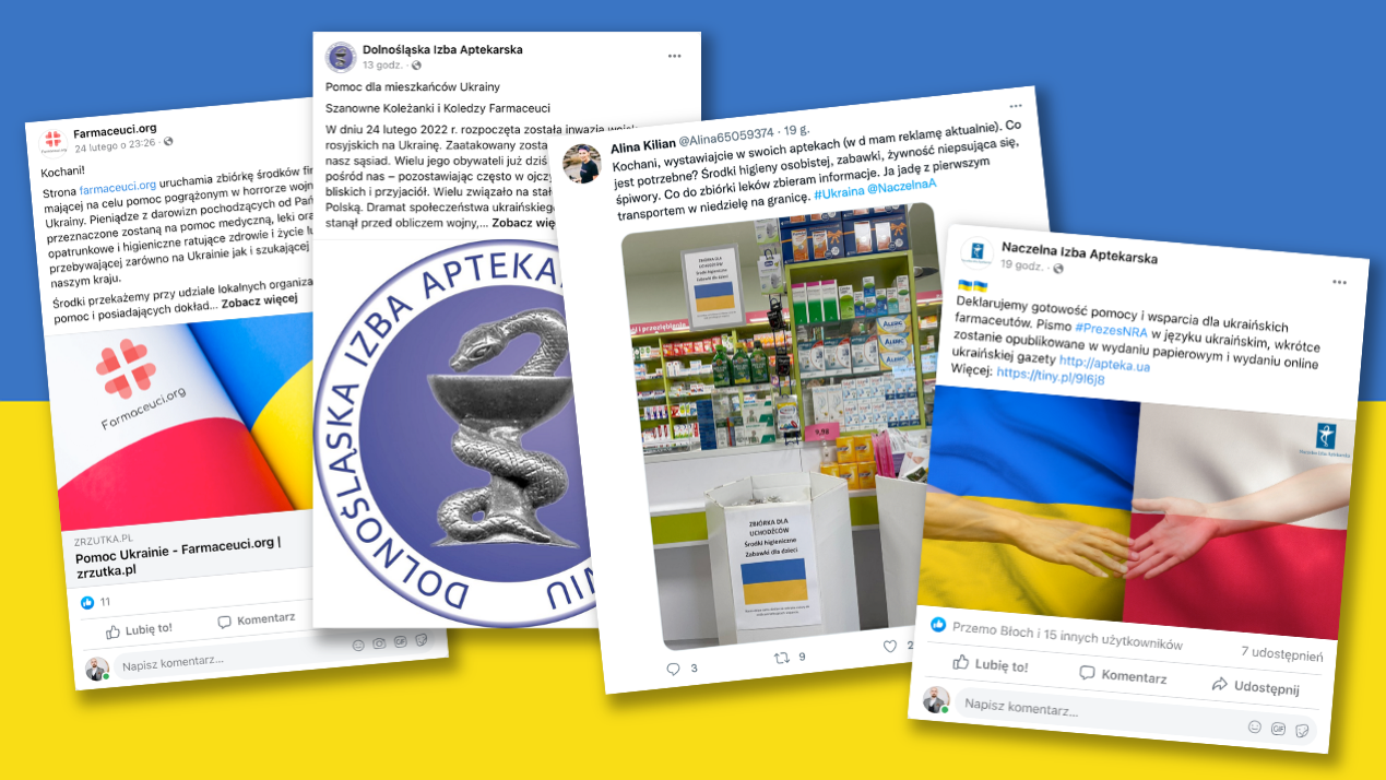 Farmaceuci indywidualnie i gremialnie prowadzą zbiórki na rzecz mieszkańców Ukrainy (fot. Facebook/Twitter)