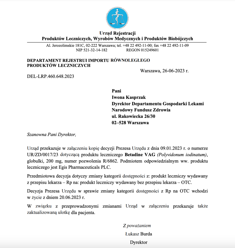 Decyzja dotycząca zmiany kategorii dostępności.