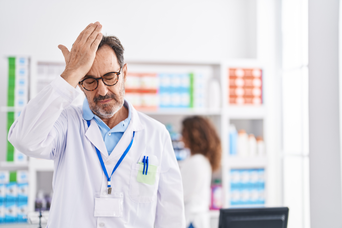 Technik farmaceutyczny lub farmaceuta trzymający się za głowę.