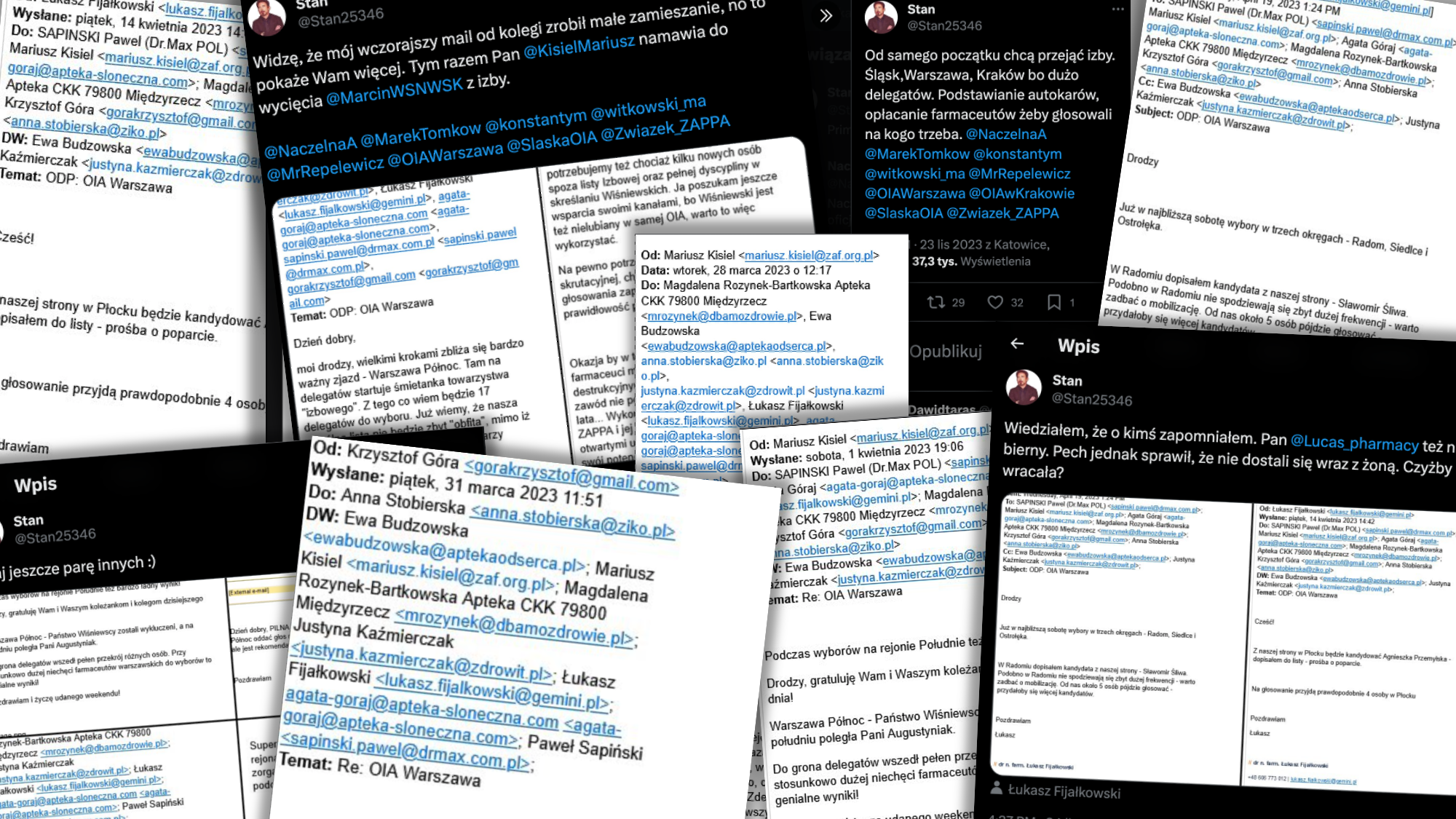 Kontrowersyjne maile opublikowano na portalu "X" na kilka dni przed wyborami w izbach aptekarskich (fot. screen "X")