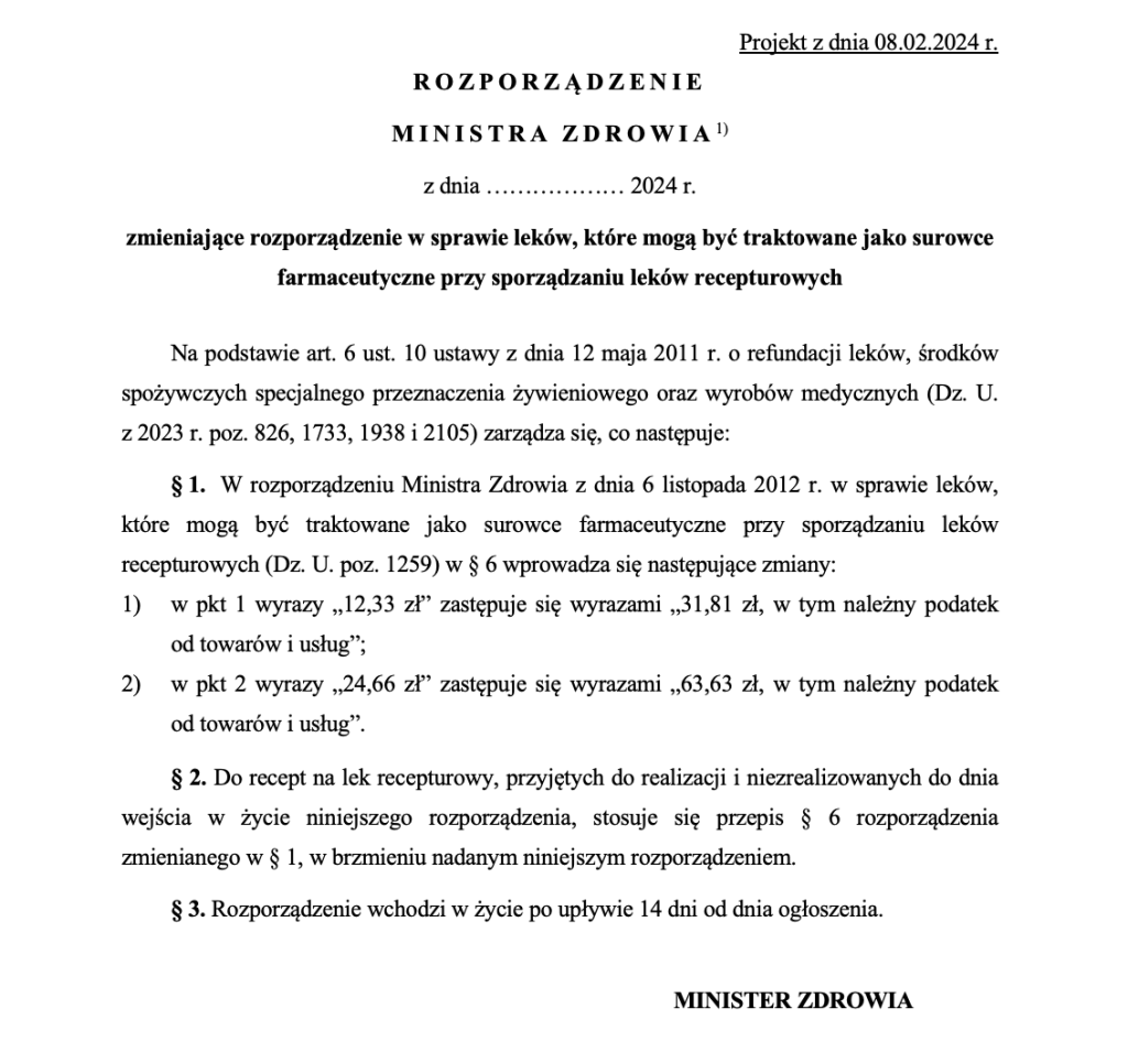 Projekt rozporządzenia zmieniającego wysokość taxy laborum.
