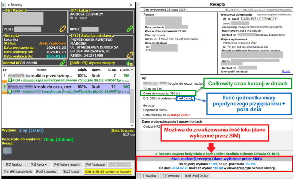 Informacja o stanie realizacji recepty w programie KS-AOW (Źródło: KAMSOFT)