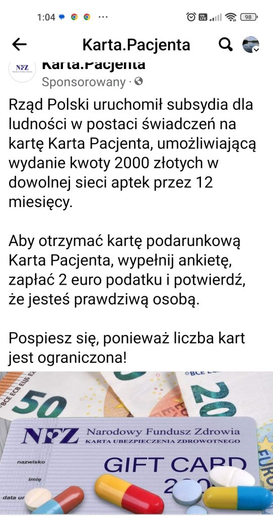 Reklama w mediach społecznościowych będąca oszustwem.