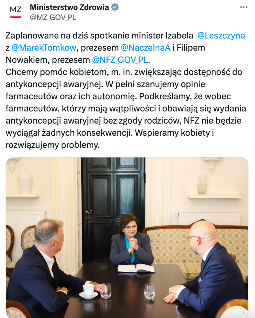 Spotkanie Minister Zdrowia, Prezesa NRA i Prezesa NFZ w sprawie pilotażowego programu dotyczącego antykoncepcji awaryjnej w aptekach.