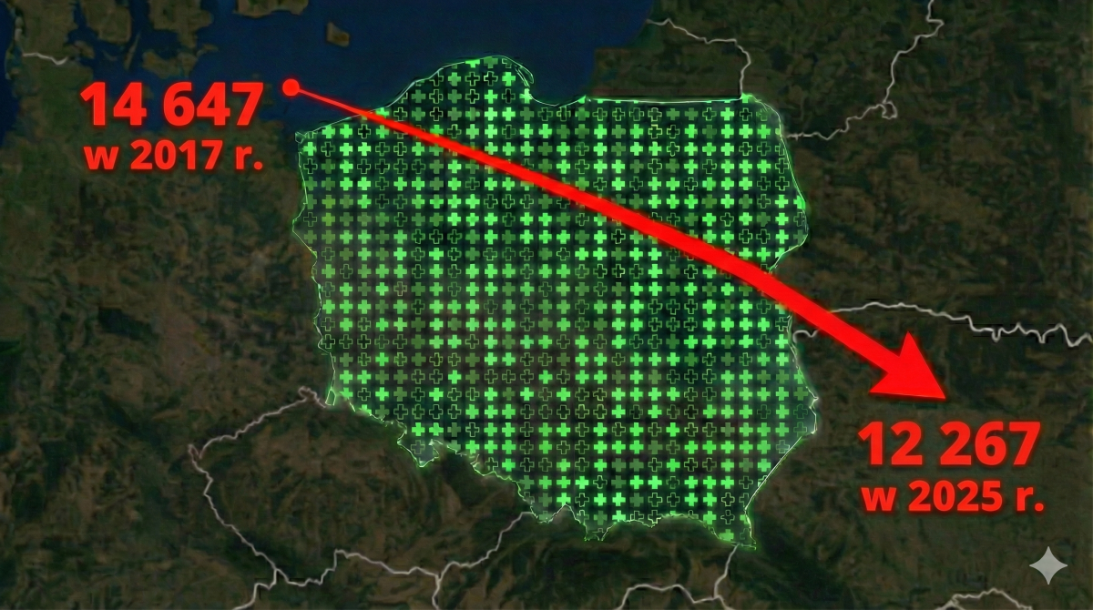 Mapa polski i spadająca liczba aptek
