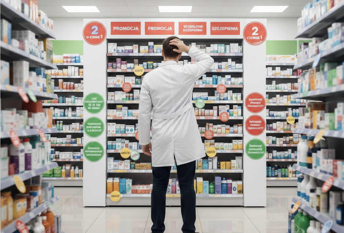 farmaceuta patrzy na regał oklejony reklamami