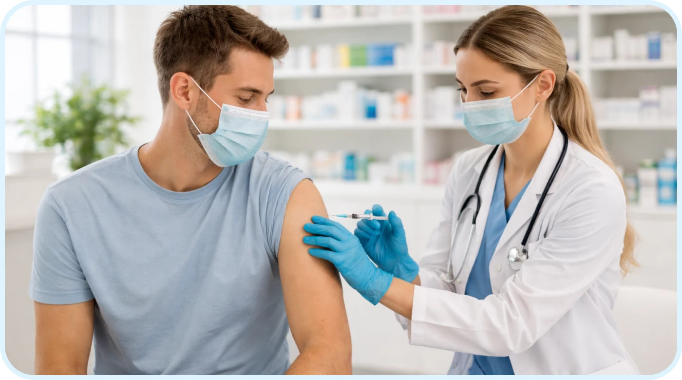 Farmaceuta szczepiący mężczyznę