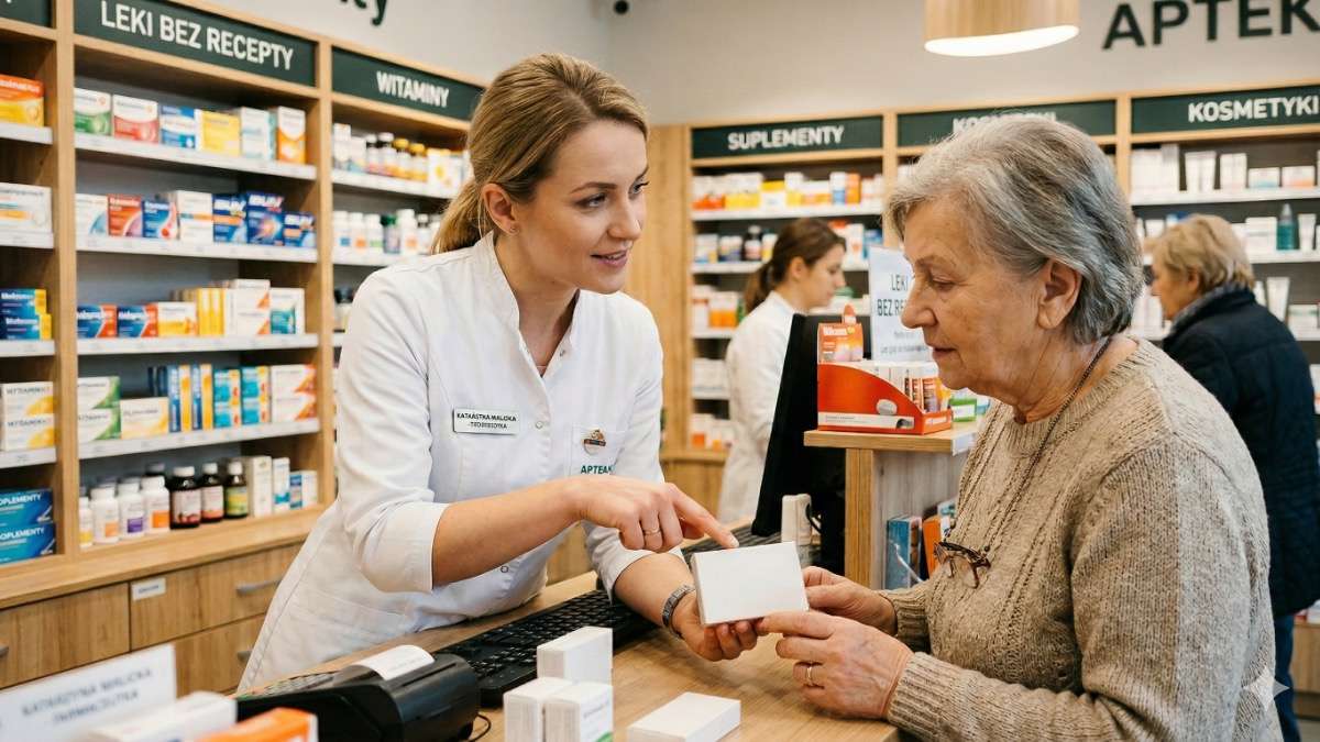 Farmaceutka w aptece tłumaczy starszej pacjentce działenie leku