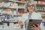Farmaceutka czyta ulotkę leki na tablecie