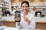 Farmaceutka trzyma telefon z najnowszym magazynem mgr farm