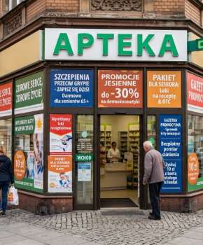 Apteka oklejona mnóstwem reklam i zachęt